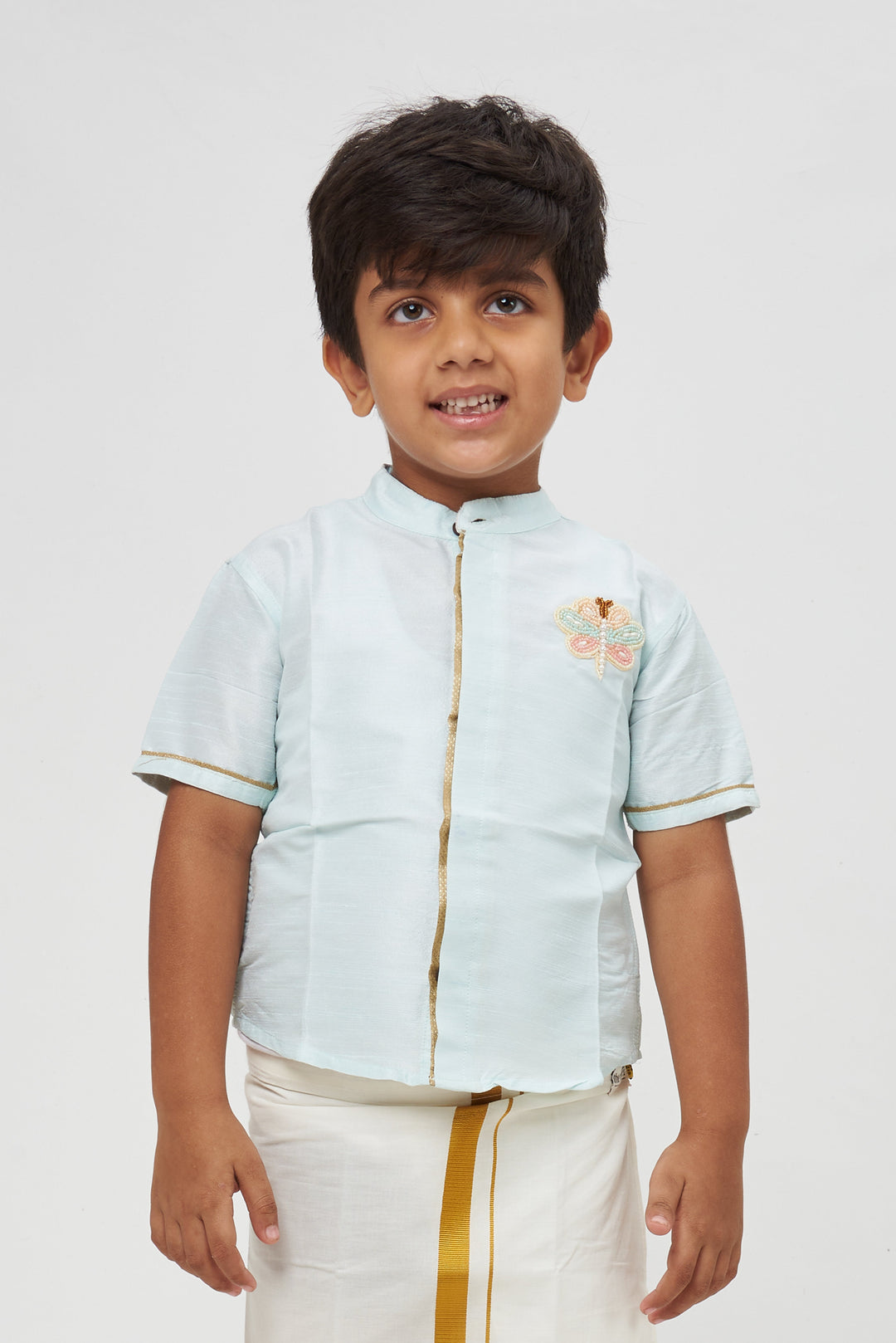 The Nesavu Boys Silk Shirt Boys Premium Ice Blue Silk Shirt - Traditional Festive Wear with Embellished Butterfly Patch Nesavu Boys Ice Blue Silk Shirt with Butterfly Emblem | Traditional Festive Outfit | The Nesavu