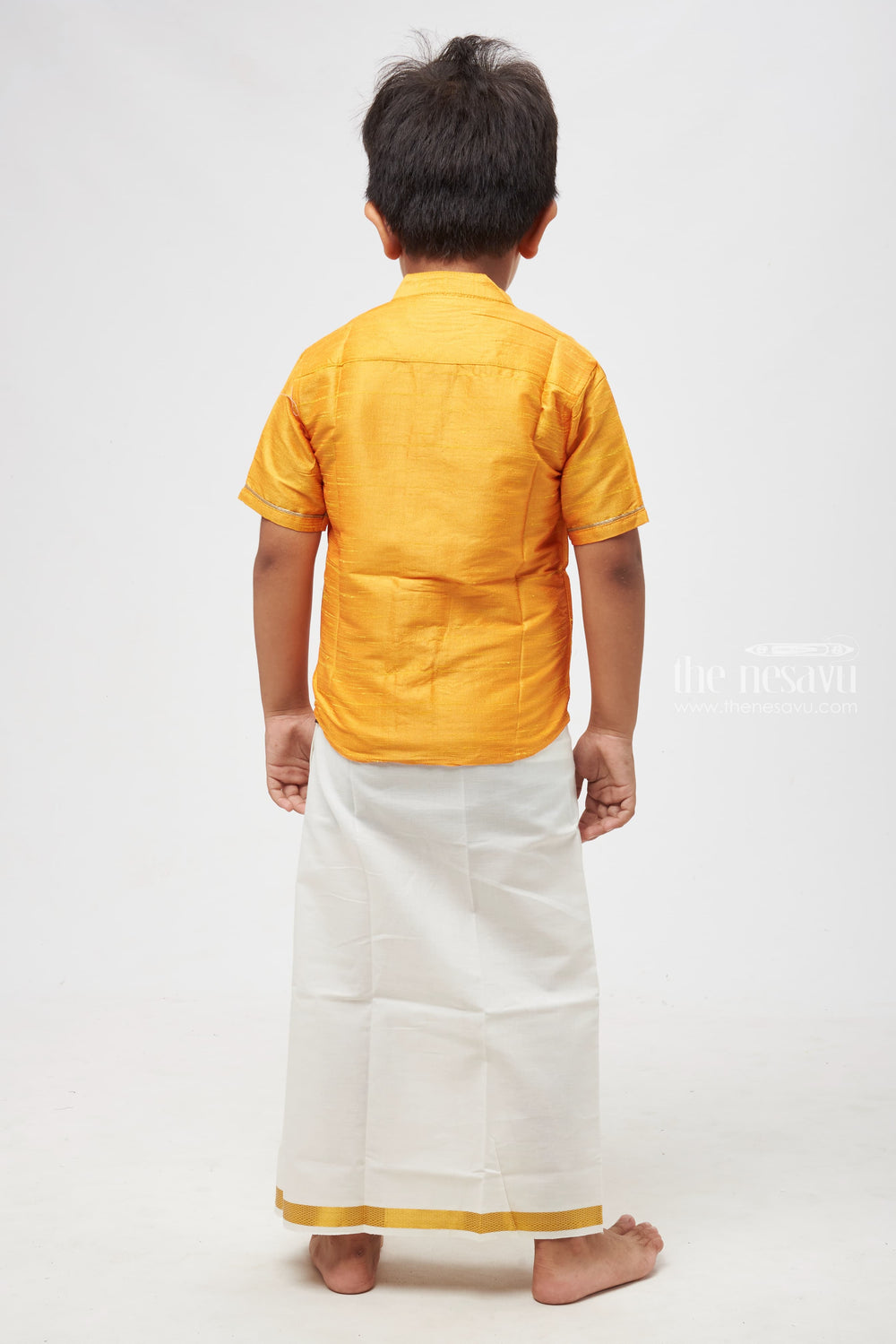 The Nesavu Boys Silk Shirt Boys' Premium Orange Silk Shirt - Traditional Festive Wear with Embellished Honey Bee Nesavu Boys Orange Silk Shirt with Honey Bee | Traditional Festive Attire | Nesavu Signature Line