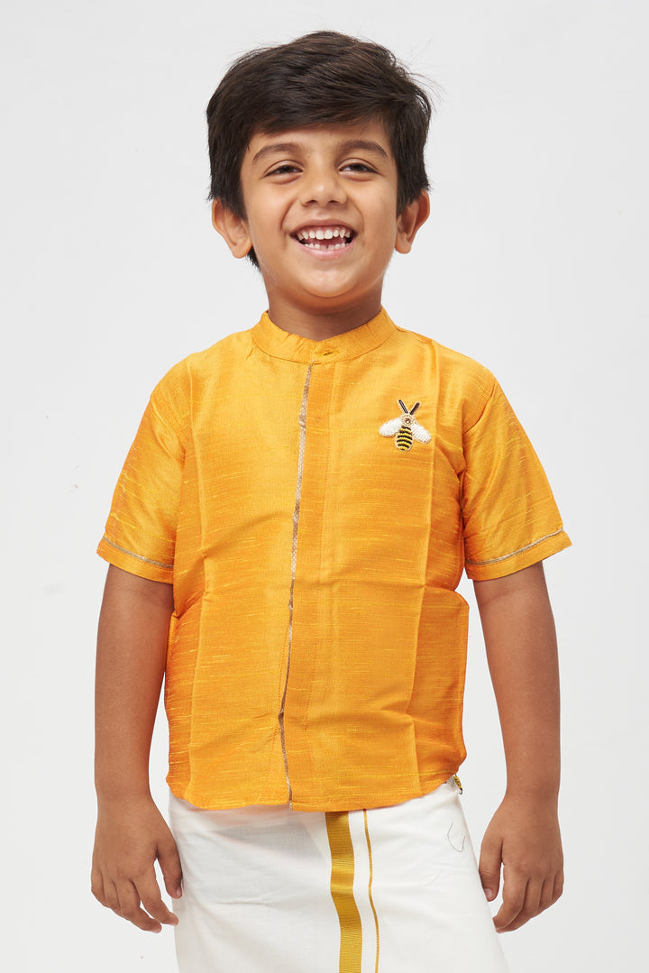 The Nesavu Boys Silk Shirt Boys' Premium Orange Silk Shirt - Traditional Festive Wear with Embellished Honey Bee Nesavu Boys Orange Silk Shirt with Honey Bee | Traditional Festive Attire | Nesavu Signature Line