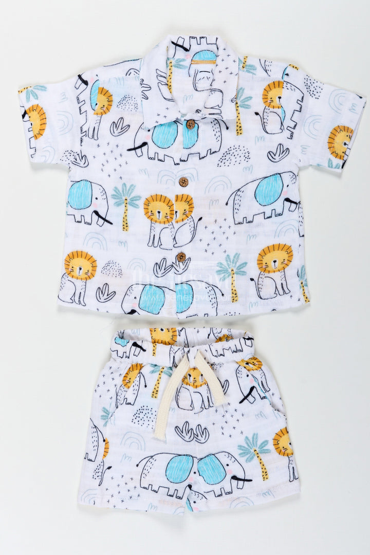 The Nesavu Boys Casual Set Boys Printed Casual Half Shirt Set with Elephant Safari Theme and Soft Muslin Fabric for Fun Daywear Nesavu 14 (6M) / White BCS240A-14 Boys Printed Casual Half Shirt and Shorts Set with Safari Elephant Design | The Nesavu