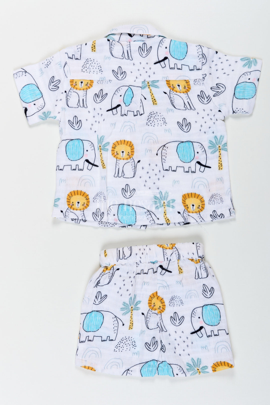 The Nesavu Boys Casual Set Boys Printed Casual Half Shirt Set with Elephant Safari Theme and Soft Muslin Fabric for Fun Daywear Nesavu Boys Printed Casual Half Shirt and Shorts Set with Safari Elephant Design | The Nesavu