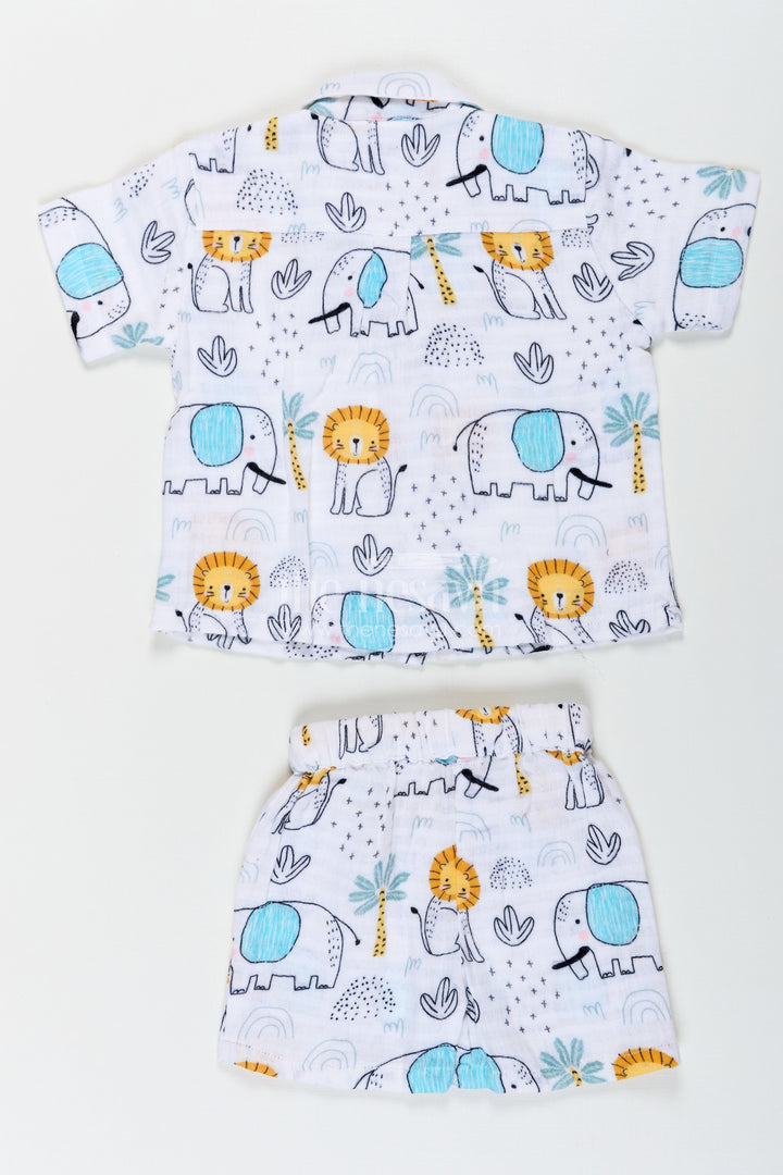 The Nesavu Boys Casual Set Boys Printed Casual Half Shirt Set with Elephant Safari Theme and Soft Muslin Fabric for Fun Daywear Nesavu Boys Printed Casual Half Shirt and Shorts Set with Safari Elephant Design | The Nesavu