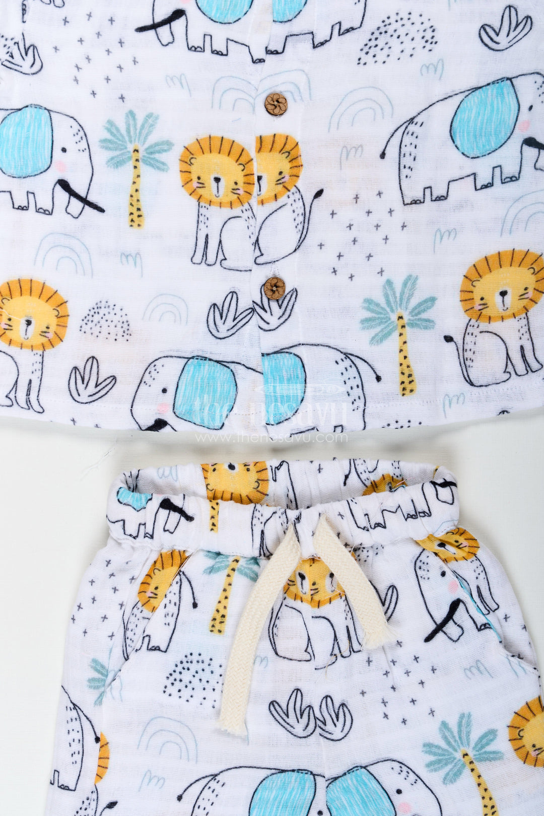 The Nesavu Boys Casual Set Boys Printed Casual Half Shirt Set with Elephant Safari Theme and Soft Muslin Fabric for Fun Daywear Nesavu Boys Printed Casual Half Shirt and Shorts Set with Safari Elephant Design | The Nesavu