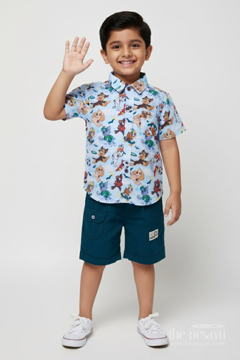 The Nesavu Boys Casual Set Boys Printed Casual Set for Travel, Daycare and Weekend Fun Nesavu 16 (1Y) / Blue BCS462A-16 Nesavu boys digital print cotton outfit preschool travel days casual summer outings