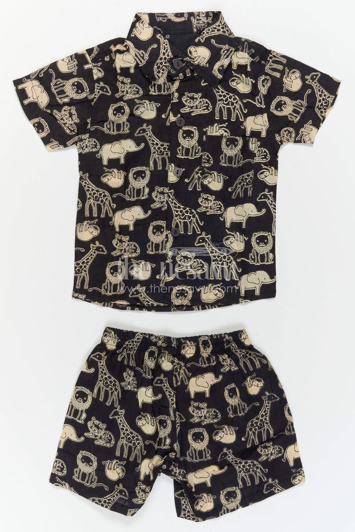 The Nesavu Boys Casual Set Boys Printed Co Ord Set for Casual Outings and Daily Wear Nesavu 16 (1Y) / Black / Cotton BCS605B-16 Nesavu Boys Printed Cotton Co Ord Set For Casual Outings With Animal Print Shirt And Shorts