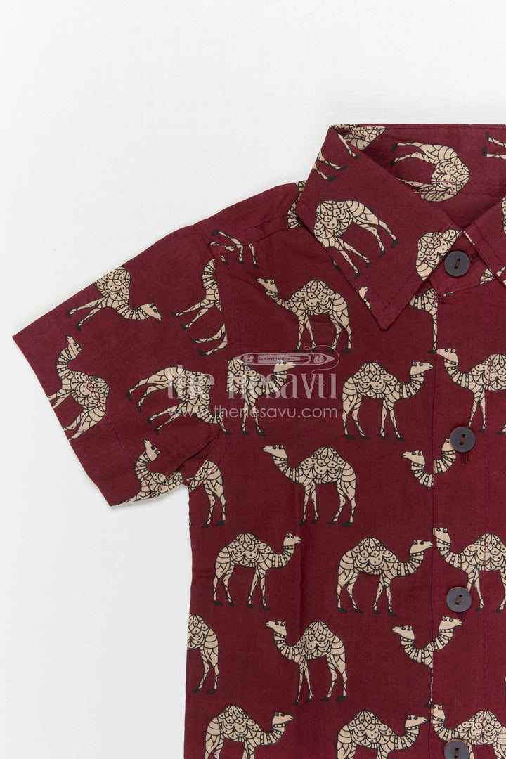 The Nesavu Boys Casual Set Boys Printed Co Ord Set for Casual Outings and Everyday Wear Nesavu Nesavu Boys Cotton Co Ord Set For Casual Wear With Camel Print Shirt And Shorts Summer Outfit