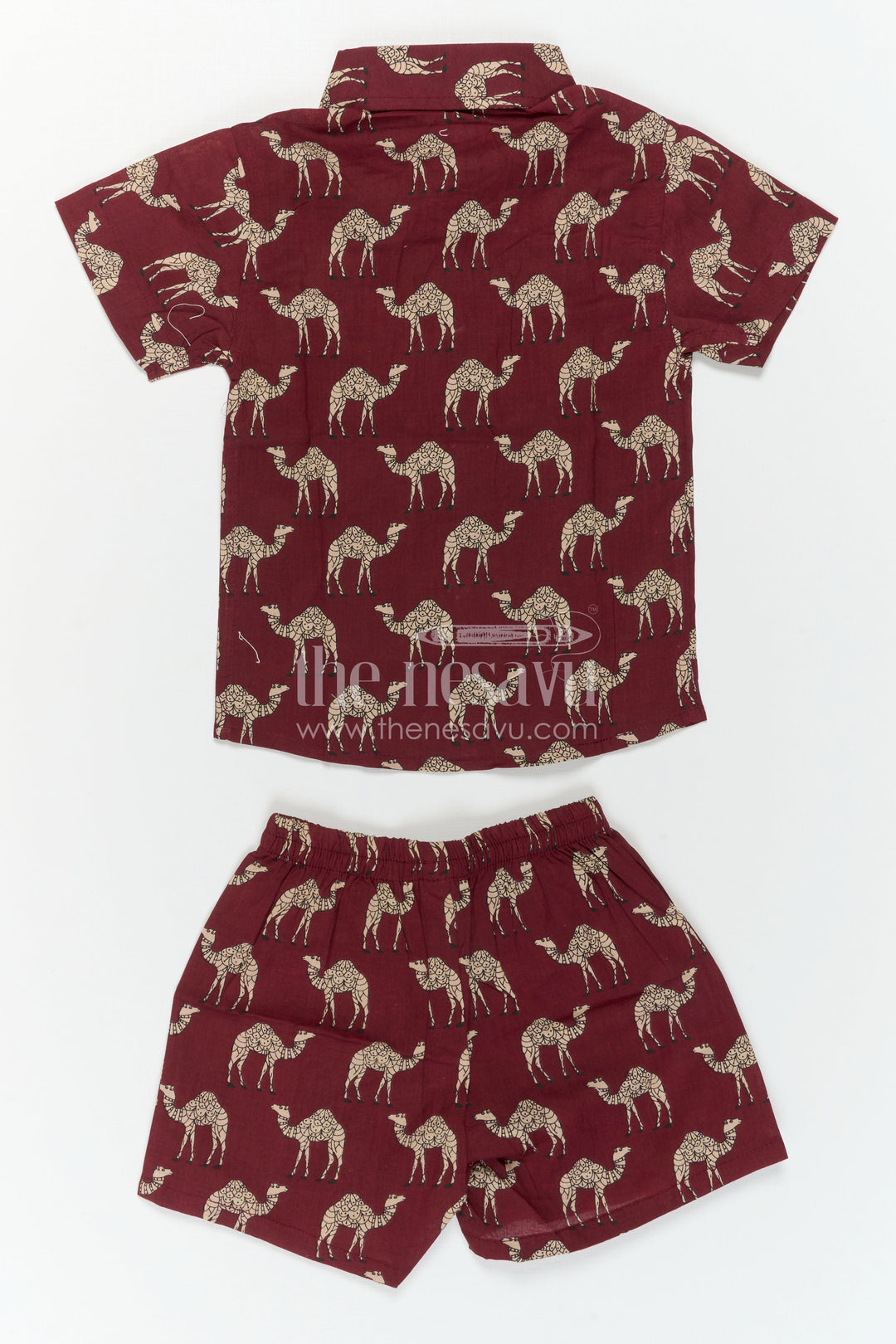 The Nesavu Boys Casual Set Boys Printed Co Ord Set for Casual Outings and Everyday Wear Nesavu Nesavu Boys Cotton Co Ord Set For Casual Wear With Camel Print Shirt And Shorts Summer Outfit
