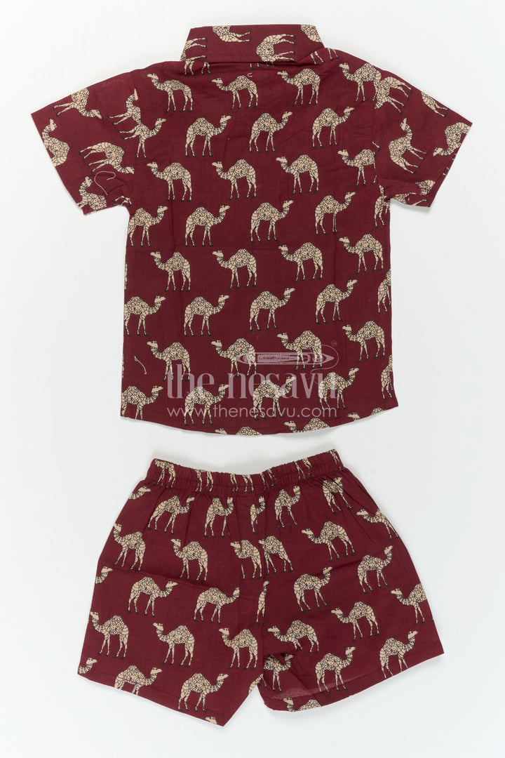 The Nesavu Boys Casual Set Boys Printed Co Ord Set for Casual Outings and Everyday Wear Nesavu Nesavu Boys Cotton Co Ord Set For Casual Wear With Camel Print Shirt And Shorts Summer Outfit