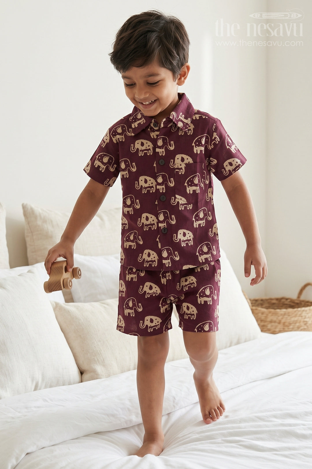 The Nesavu Boys Casual Set Boys Printed Co Ord Set for Casual Outings and Travel Wear Nesavu 16 (1Y) / Maroon / Cotton BCS606B-16 Nesavu Boys Cotton Co Ord Set For Casual Outings With Elephant Print Shirt And Shorts Summer Wear