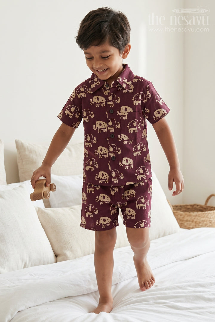The Nesavu Boys Casual Set Boys Printed Co Ord Set for Casual Outings and Travel Wear Nesavu 16 (1Y) / Maroon / Cotton BCS606B-16 Nesavu Boys Cotton Co Ord Set For Casual Outings With Elephant Print Shirt And Shorts Summer Wear