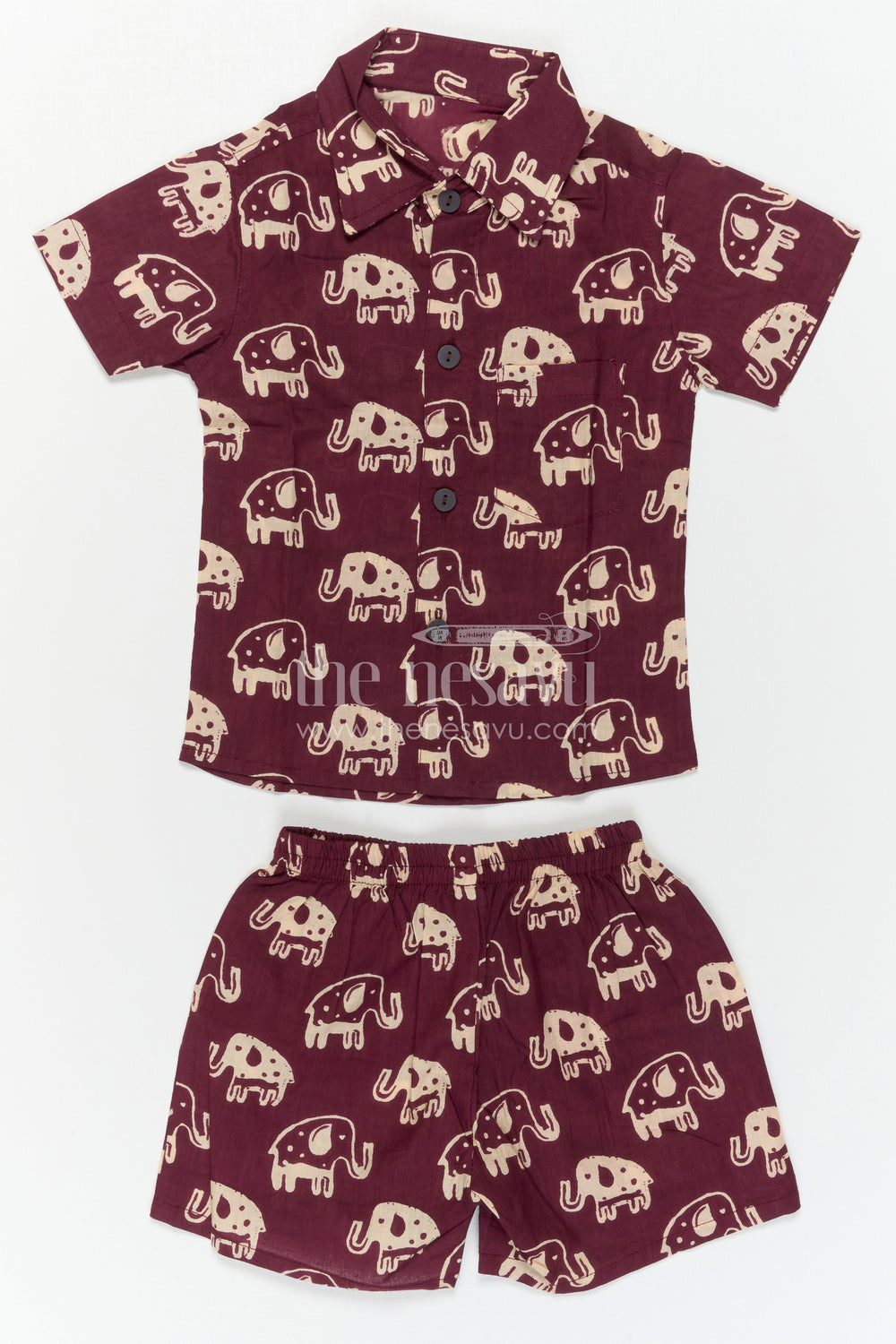 The Nesavu Boys Casual Set Boys Printed Co Ord Set for Casual Outings and Travel Wear Nesavu Nesavu Boys Cotton Co Ord Set For Casual Outings With Elephant Print Shirt And Shorts Summer Wear