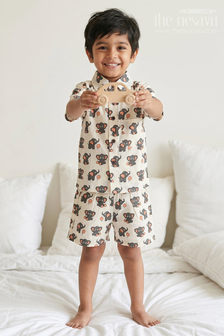The Nesavu Boys Casual Set Boys Printed Co Ord Set for Casual Wear and Daily Outings Nesavu 16 (1Y) / Cream / Cotton BCS611A-16 Nesavu Boys Cotton Co Ord Set For Casual Wear With Digital Print Shirt And Shorts Everyday Outfit