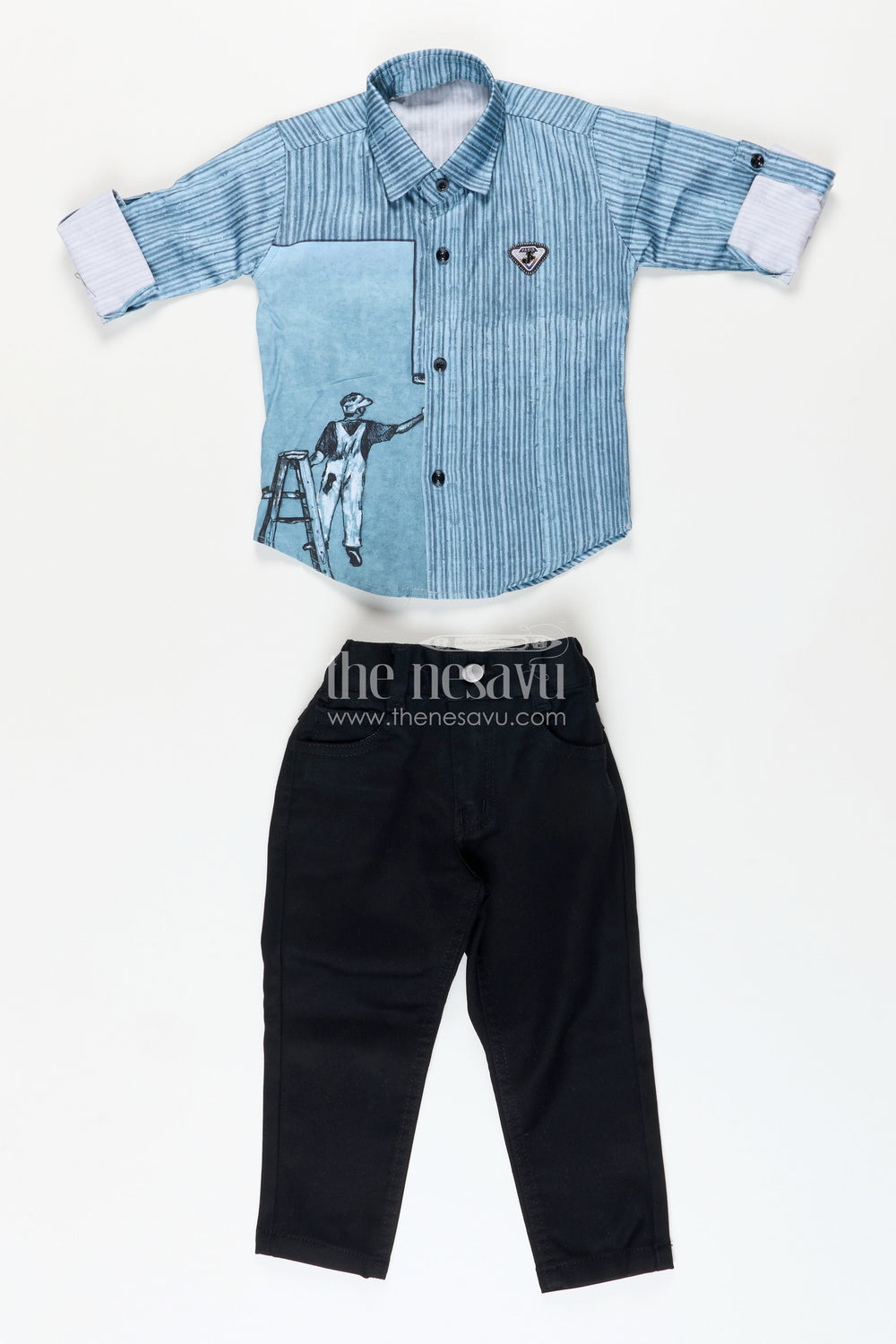 The Nesavu Boys Casual Set Boys Printed Cotton Casual Set with Jeans-Style Trousers Everyday Smart Wear Nesavu 16 (1Y) / Blue BES902A-16 Nesavu boys digitally printed cotton casual wear  trendy shirt pants combo