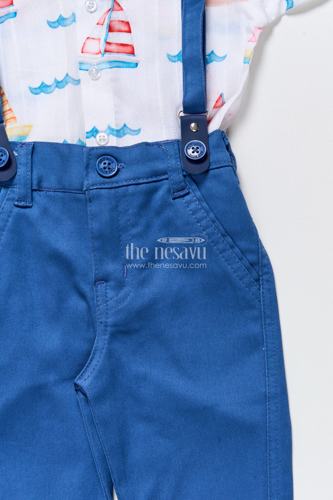 The Nesavu Boys Casual Set Boys Printed Cotton Shirt and Pant Set with Suspenders for Casual Events Nesavu Nesavu boys cotton outfit nautical print shirt suspenders bow tie day outings