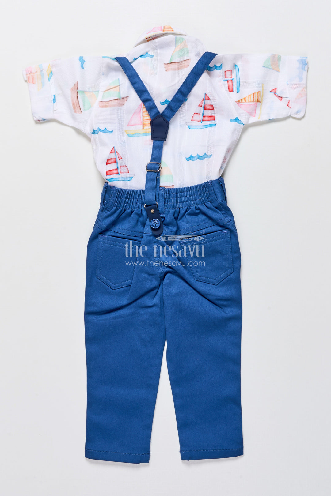 The Nesavu Boys Casual Set Boys Printed Cotton Shirt and Pant Set with Suspenders for Casual Events Nesavu Nesavu boys cotton outfit nautical print shirt suspenders bow tie day outings