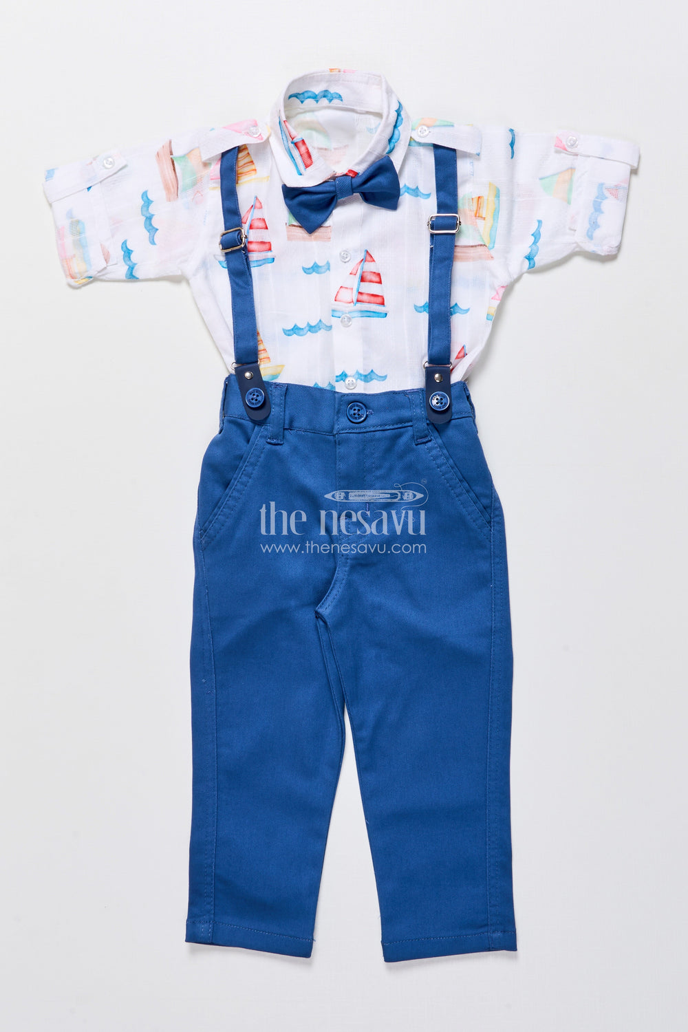 The Nesavu Boys Casual Set Boys Printed Cotton Shirt and Pant Set with Suspenders for Casual Events Nesavu Nesavu boys cotton outfit nautical print shirt suspenders bow tie day outings