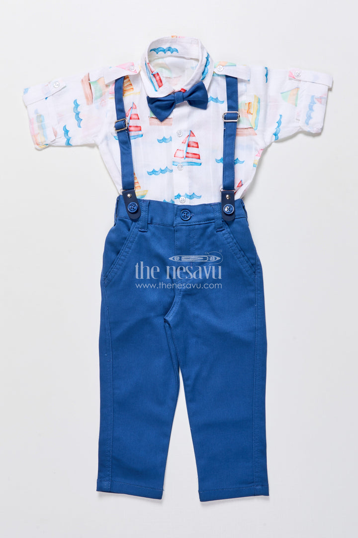 The Nesavu Boys Casual Set Boys Printed Cotton Shirt and Pant Set with Suspenders for Casual Events Nesavu Nesavu boys cotton outfit nautical print shirt suspenders bow tie day outings