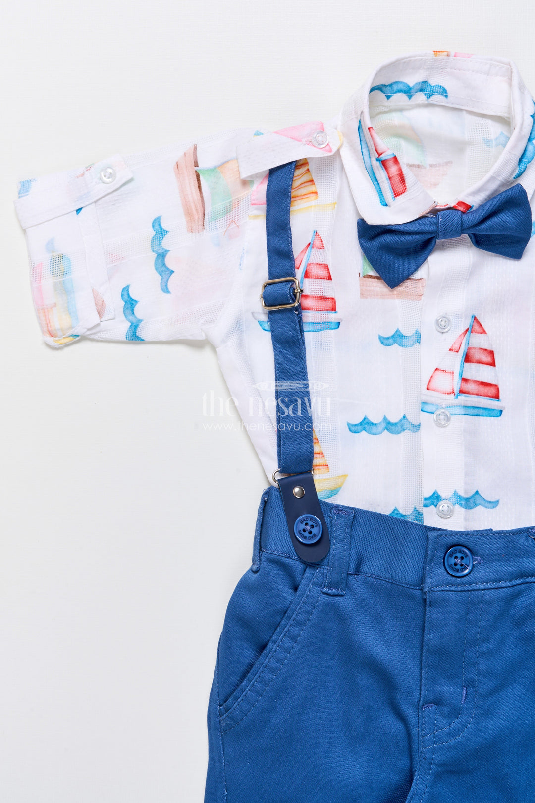 The Nesavu Boys Casual Set Boys Printed Cotton Shirt and Pant Set with Suspenders for Casual Events Nesavu Nesavu boys cotton outfit nautical print shirt suspenders bow tie day outings