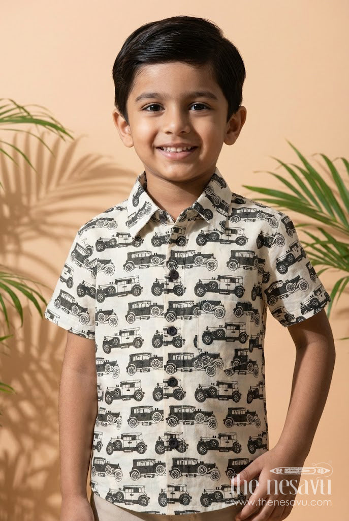 The Nesavu Boys Cotton Shirt Boys Printed Cotton Shirt for Playdates and Casual Outings Nesavu 20 (3Y) / Green / Cotton BS387A-20 Nesavu boys cotton shirt with car print for casual outings and everyday wear