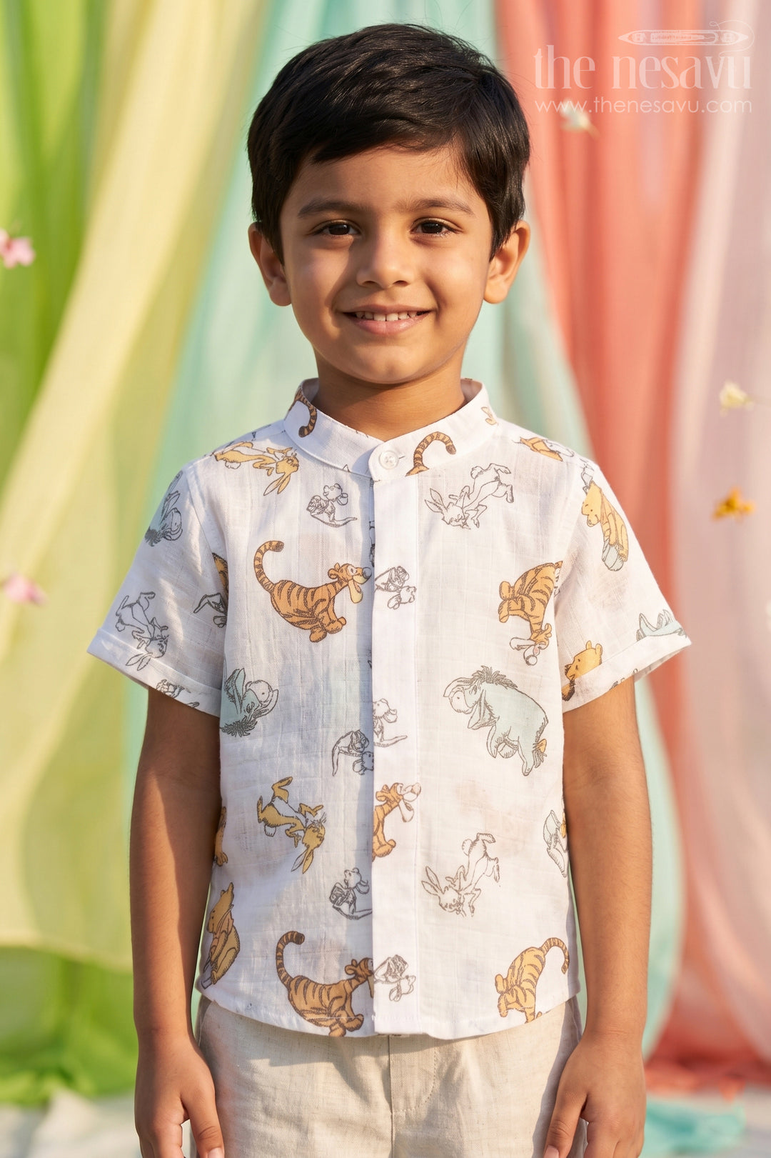The Nesavu Boys Cotton Shirt Boys Printed Cotton Shirt for Vacations and Playful Outings Nesavu 16 (1Y) / White / Muslin Cotton BS485A-16 Nesavu Boys Muslin Cotton Printed Shirt For Vacations And Playful Outings