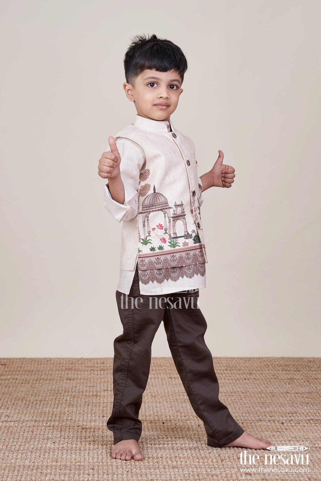 The Nesavu Boys Jacket Sets Boys Printed Kurta and Pant Set with Ethnic Jacket Style Nesavu 16 (1Y) / Cream BES910A-16 Nesavu boys cotton kurta pant set ethnic digital prints festive casual celebrations