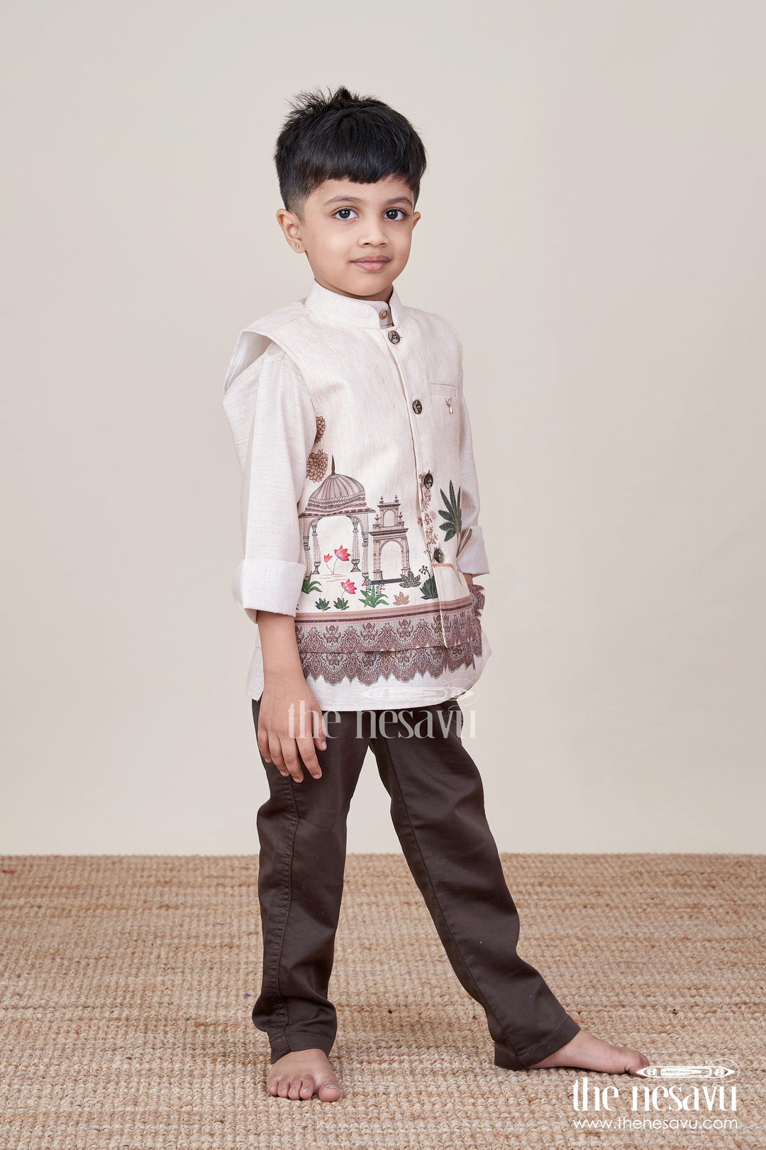 The Nesavu Boys Jacket Sets Boys Printed Kurta and Pant Set with Ethnic Jacket Style Nesavu Nesavu boys cotton kurta pant set ethnic digital prints festive casual celebrations