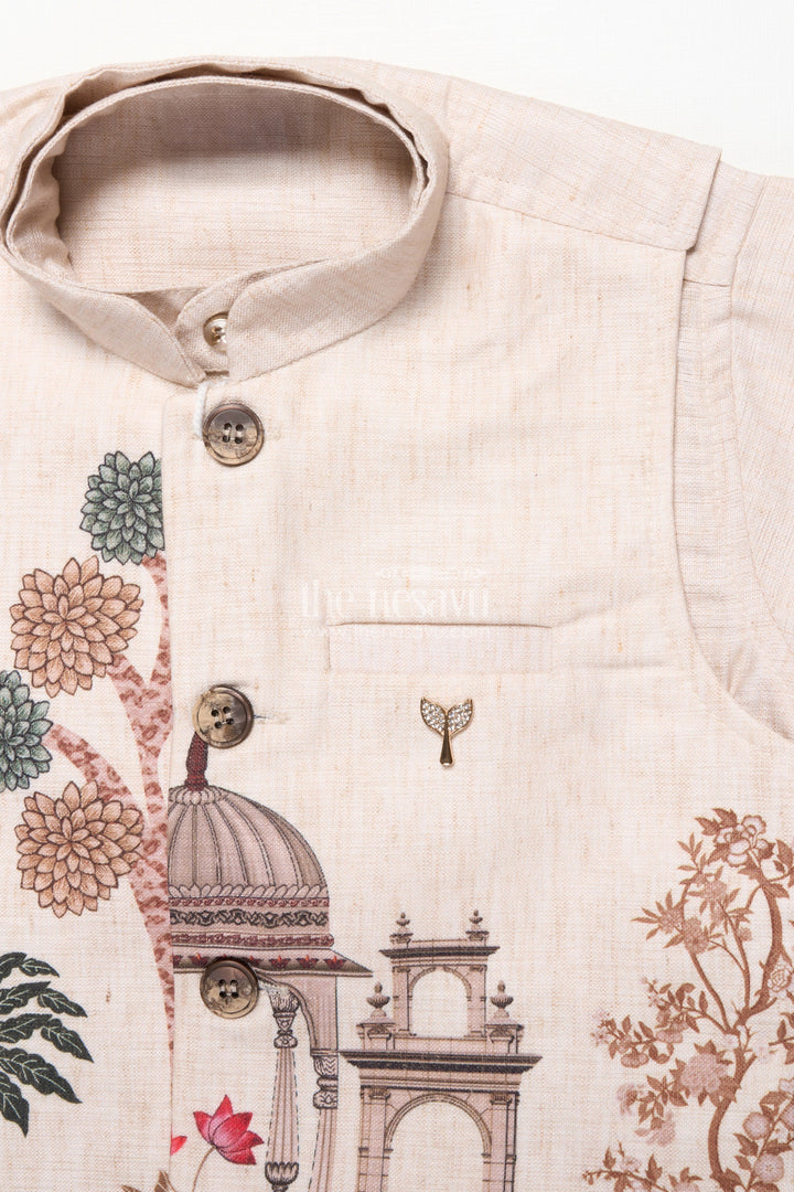 The Nesavu Boys Jacket Sets Boys Printed Kurta and Pant Set with Ethnic Jacket Style Nesavu Nesavu boys cotton kurta pant set ethnic digital prints festive casual celebrations