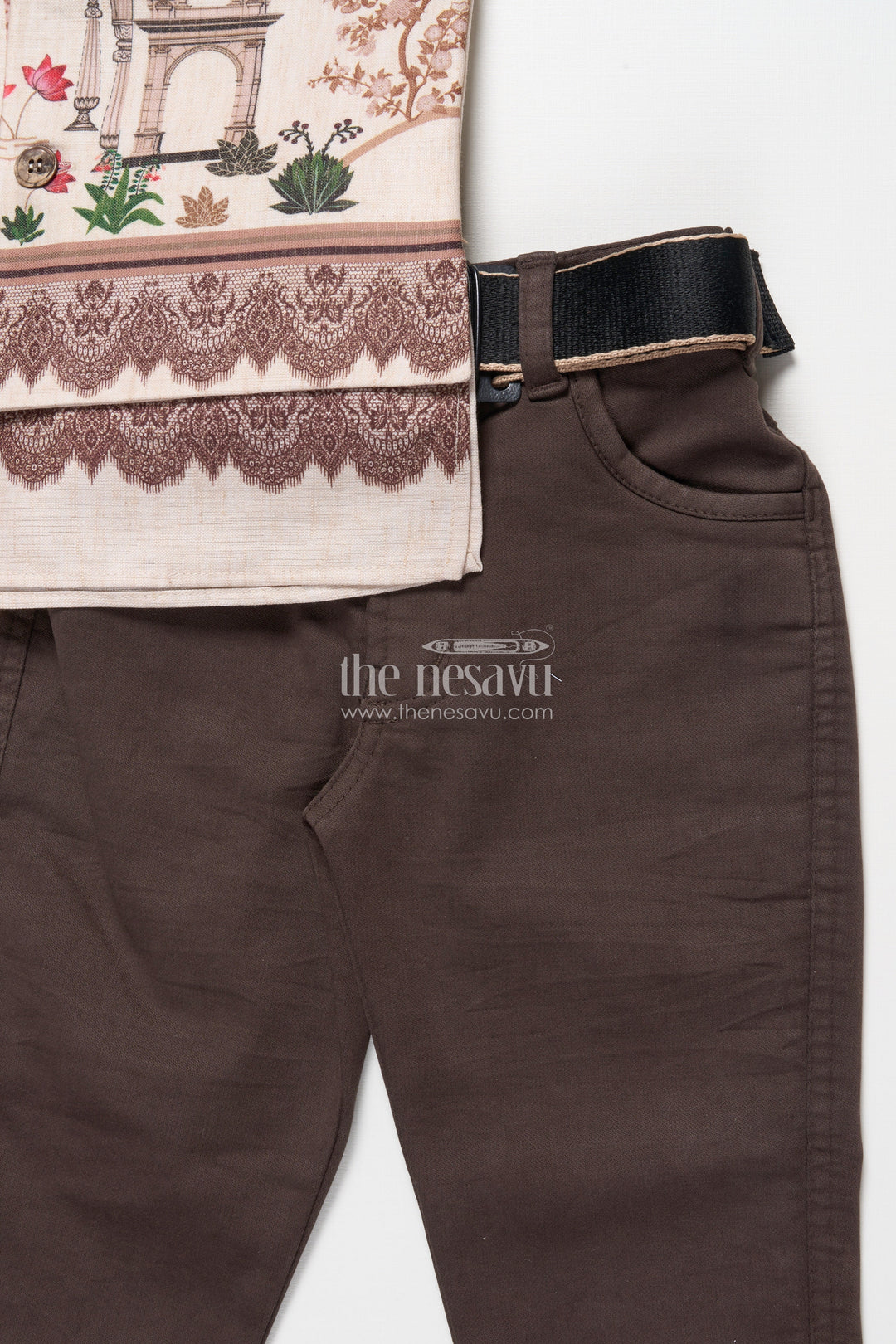 The Nesavu Boys Jacket Sets Boys Printed Kurta and Pant Set with Ethnic Jacket Style Nesavu Nesavu boys cotton kurta pant set ethnic digital prints festive casual celebrations