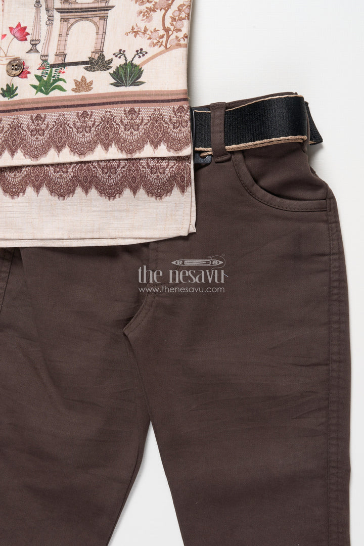 The Nesavu Boys Jacket Sets Boys Printed Kurta and Pant Set with Ethnic Jacket Style Nesavu Nesavu boys cotton kurta pant set ethnic digital prints festive casual celebrations
