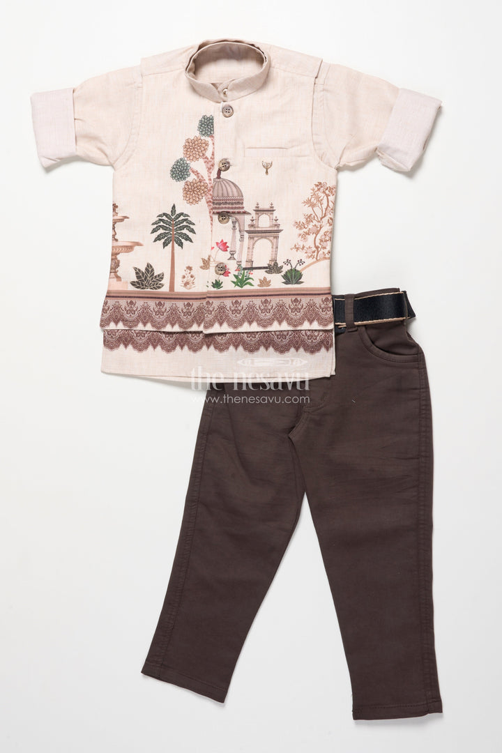The Nesavu Boys Jacket Sets Boys Printed Kurta and Pant Set with Ethnic Jacket Style Nesavu Nesavu boys cotton kurta pant set ethnic digital prints festive casual celebrations