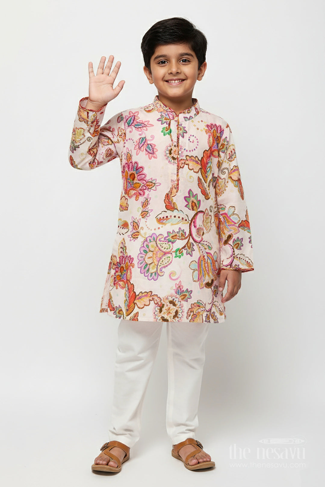 The Nesavu Boys Kurtha Set Boys Printed Kurta Set for Birthday Parties and Ethnic Day Nesavu 16 (1Y) / Cream BES786A-16 Nesavu boys digital floral print kurta set silk blend  perfect birthday parties ethnic days