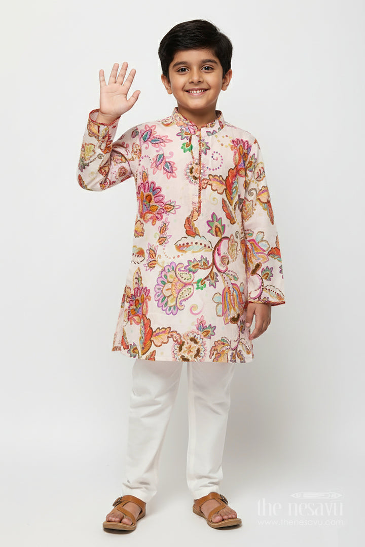 The Nesavu Boys Kurtha Set Boys Printed Kurta Set for Birthday Parties and Ethnic Day Nesavu 16 (1Y) / Cream BES786A-16 Nesavu boys digital floral print kurta set silk blend  perfect birthday parties ethnic days