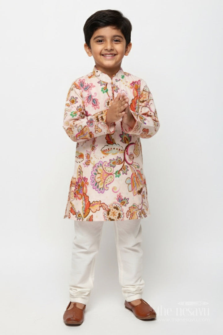 The Nesavu Boys Kurtha Set Boys Printed Kurta Set for Birthday Parties and Ethnic Day Nesavu Nesavu boys digital floral print kurta set silk blend  perfect birthday parties ethnic days