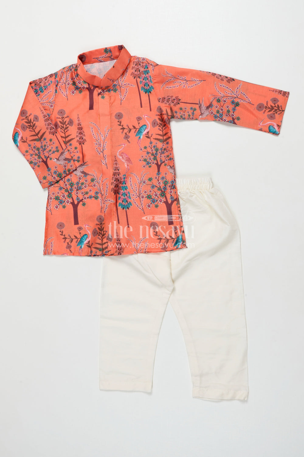 The Nesavu Boys Kurtha Set Boys Printed Kurta Set for Ethnic School Days and Festive Wear Nesavu 16 (1Y) / Orange BES850A-16 Nesavu boys printed silk blend kurta set forest design ideal cultural days ethnic celebrations