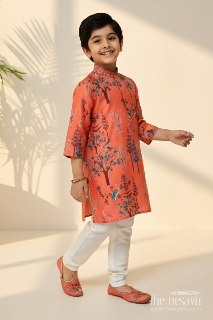 The Nesavu Boys Kurtha Set Boys Printed Kurta Set for Ethnic School Days and Festive Wear Nesavu 16 (1Y) / Orange BES850A-16 Nesavu boys printed silk blend kurta set forest design ideal cultural days ethnic celebrations