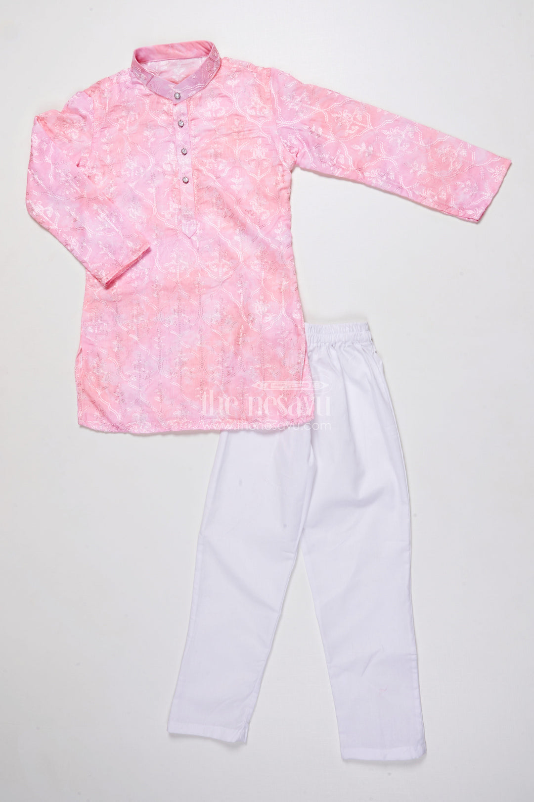 The Nesavu Boys Kurtha Set Boys Printed Kurta Set with Embroidery for Weddings and Ethnic Functions Nesavu 22 (4Y) / Pink BES929A-22 Nesavu boys digital print kurta set embroidery silk blend festive outfit weddings special occasions
