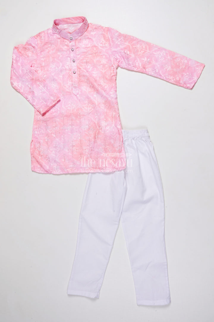 The Nesavu Boys Kurtha Set Boys Printed Kurta Set with Embroidery for Weddings and Ethnic Functions Nesavu 22 (4Y) / Pink BES929A-22 Nesavu boys digital print kurta set embroidery silk blend festive outfit weddings special occasions