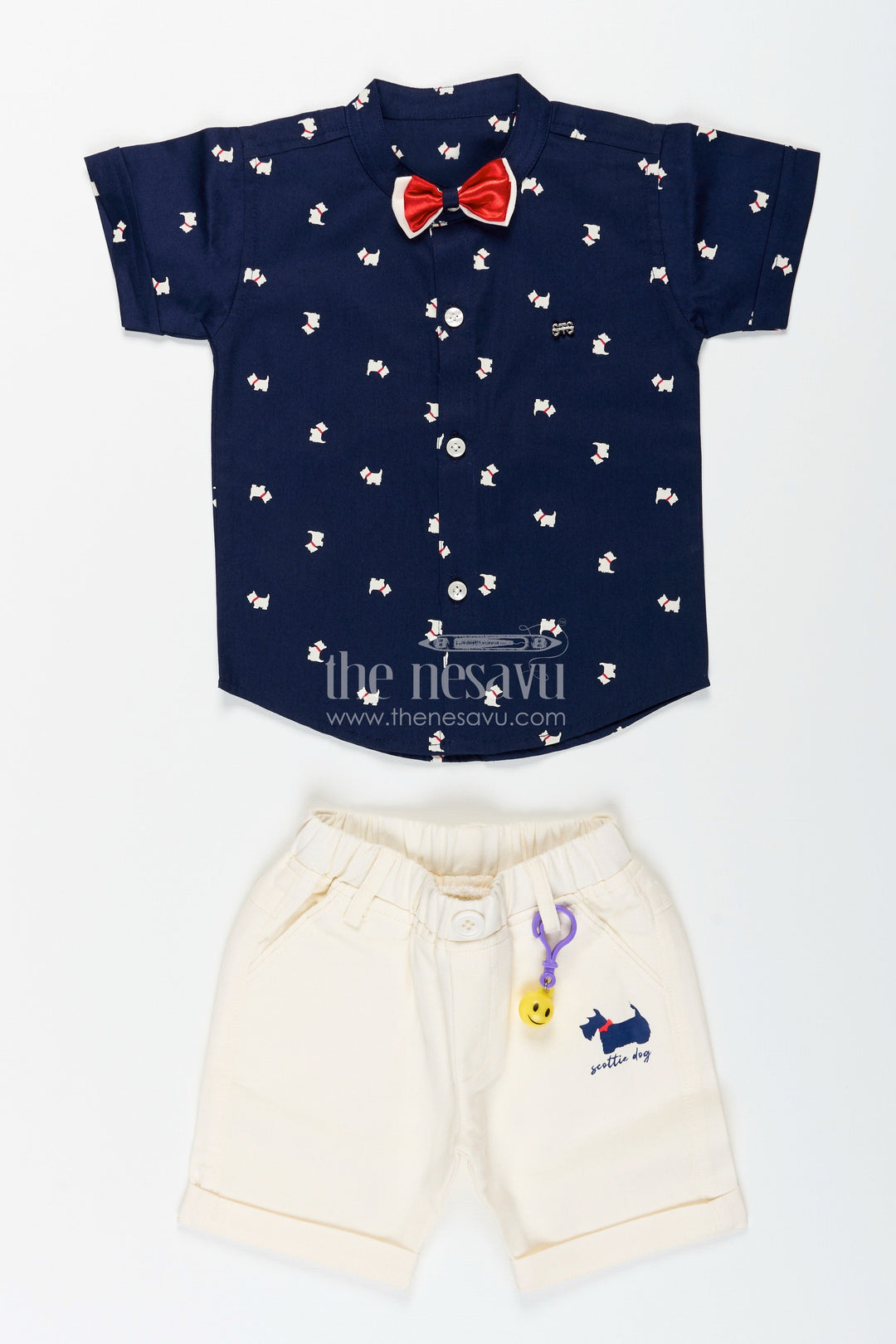 The Nesavu Boys Casual Set Boys Printed Navy Shirt and Shorts Set with Bowtie Detail Nesavu 16 (1Y) / Blue BCS330A-16 Nesavu boys cotton partywear set navy printed shirt bowtie  perfect birthdays