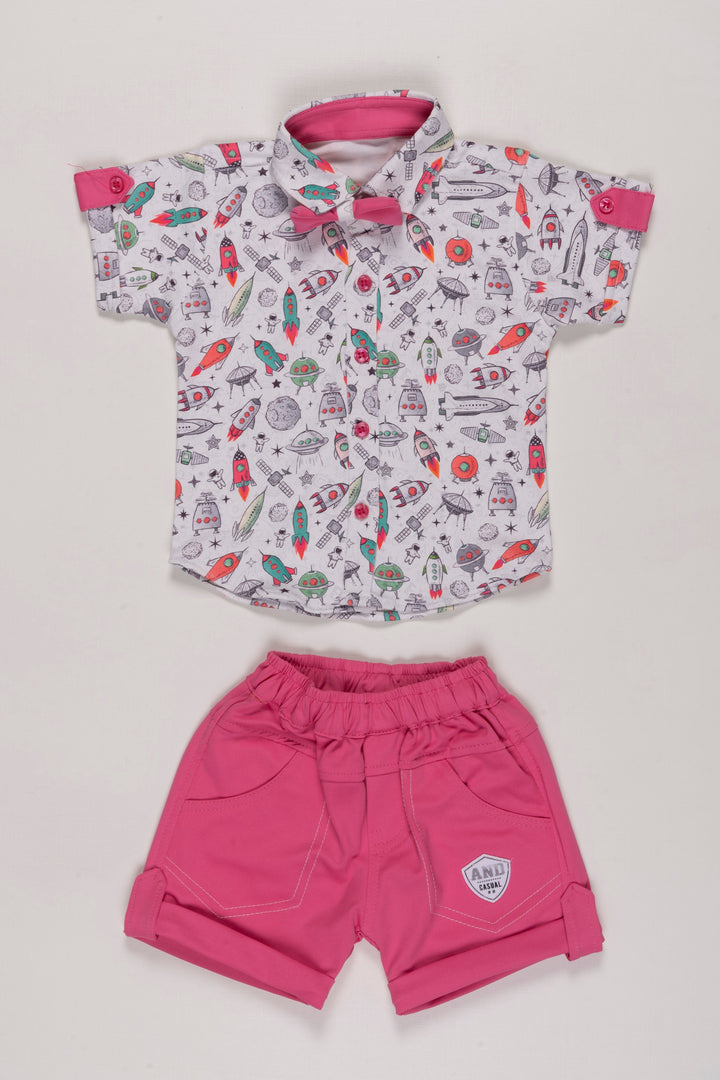 The Nesavu Boys Casual Set Boys Printed Shirt and Vibrant Pink Shorts Set - Playful & Casual Nesavu 12 (3M) / Pink BCS001A-12 Boys Space Print Shirt & Pink Shorts Set | Fun Casual Kids Wear | The Nesavu