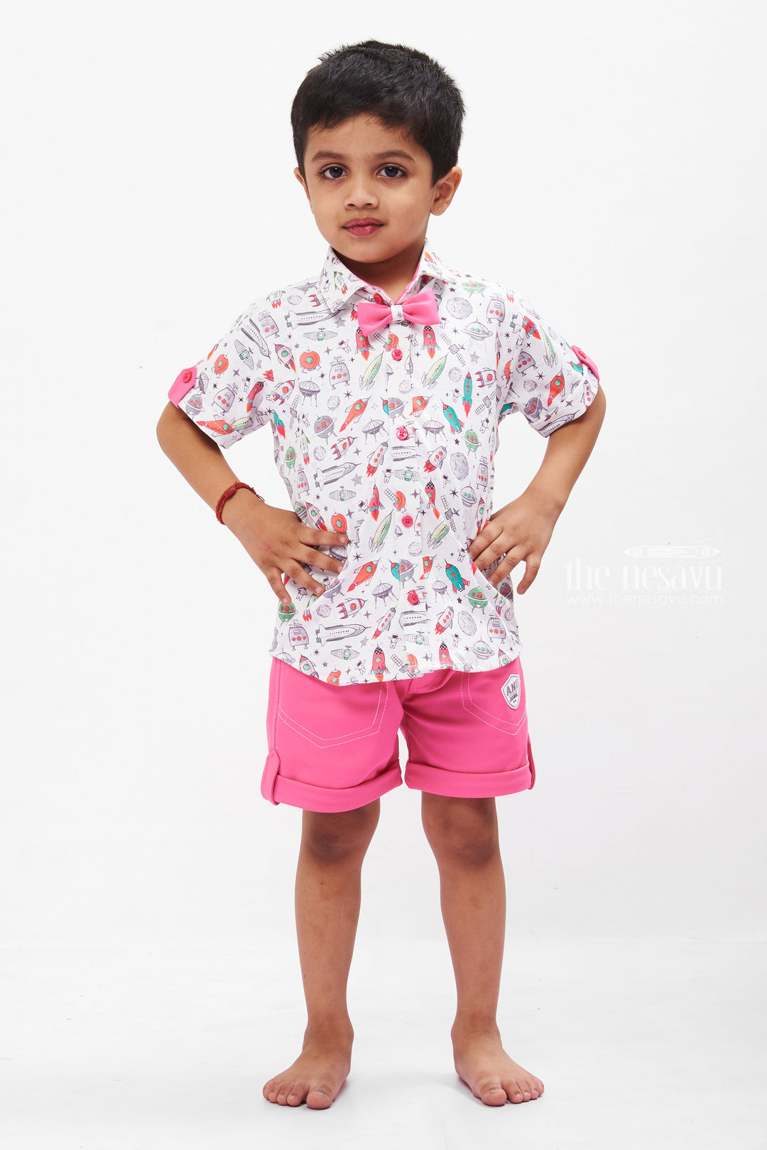 The Nesavu Boys Casual Set Boys Printed Shirt and Vibrant Pink Shorts Set - Playful & Casual Nesavu 12 (3M) / Pink BCS001A-12 Boys Space Print Shirt & Pink Shorts Set | Fun Casual Kids Wear | The Nesavu