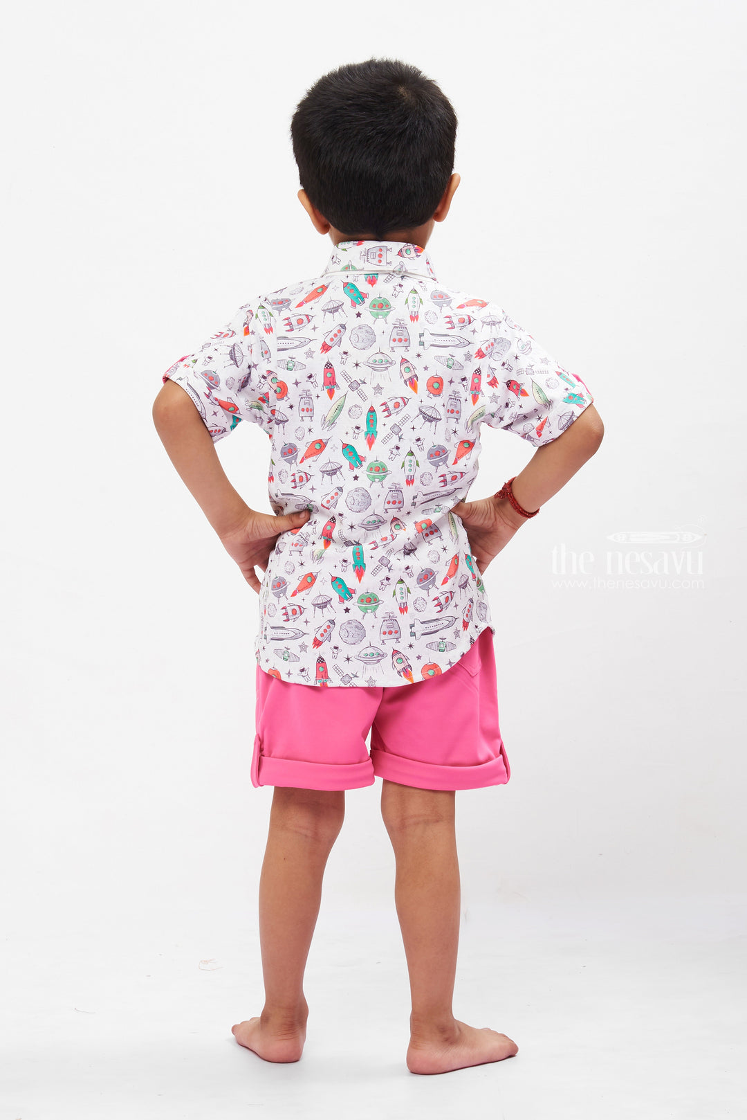The Nesavu Boys Casual Set Boys Printed Shirt and Vibrant Pink Shorts Set - Playful & Casual Nesavu Boys Space Print Shirt & Pink Shorts Set | Fun Casual Kids Wear | The Nesavu