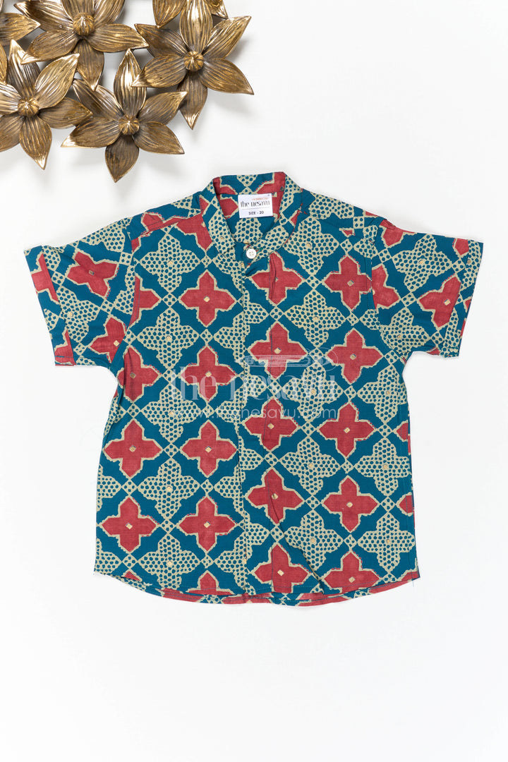 The Nesavu Boys Cotton Shirt Boys Printed Shirt for Festive Holiday Outings Nesavu 22 (4Y) / Turquoise / Viscose Silk BS517A-22 Nesavu Boys Printed Shirt For Festive Holiday Outings With Viscose Modal Cotton Comfort