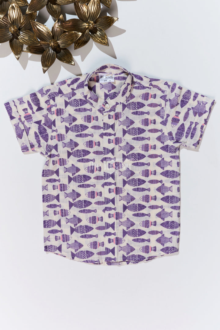 The Nesavu Boys Cotton Shirt Boys Printed Shirts Half Sleeves in Soft Cotton with Bold Fish Patterns for Playful Styling Nesavu 16 (1Y) / Purple BS250C-16 Boys Cotton Printed Half Sleeves Shirt Bold Fish Patterns Trendy Looks | The Nesavu