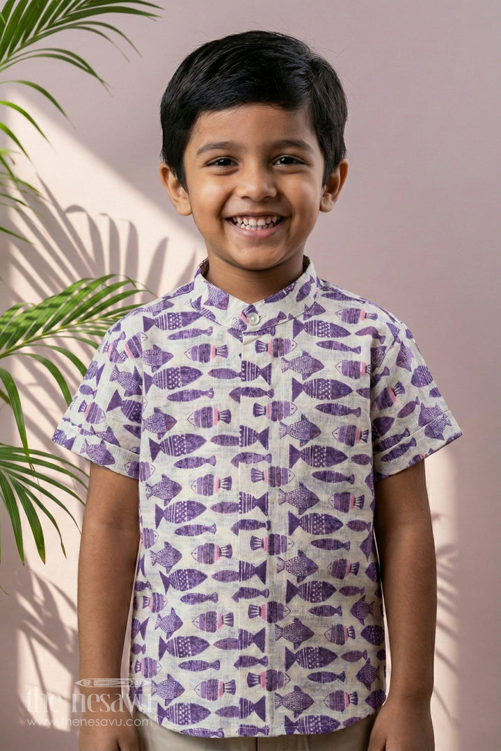 The Nesavu Boys Cotton Shirt Boys Printed Shirts Half Sleeves in Soft Cotton with Bold Fish Patterns for Playful Styling Nesavu 16 (1Y) / Purple BS250C-16 Boys Cotton Printed Half Sleeves Shirt Bold Fish Patterns Trendy Looks | The Nesavu