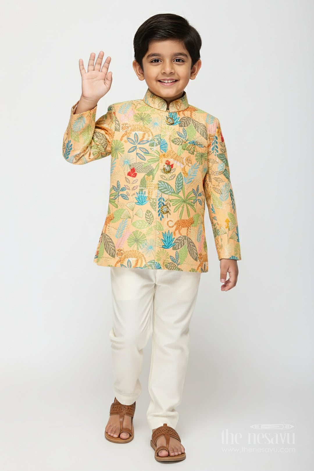 The Nesavu Boys Dothi Set Boys Printed Silk Kurta and Dhoti Set for Festive Family Occasions Nesavu 12 (3M) / Multicolor BES802A-12 Nesavu boys silk blend kurta dhoti set digital print festivals ceremonies