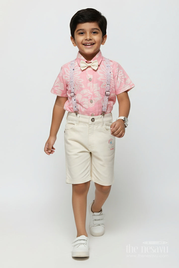 The Nesavu Boys Casual Set Boys Printed Suspender Set for Birthday Parties and Festive Functions Nesavu 14 (6M) / Pink BCS448A-14 Nesavu boys digital print suspender outfit bow tie festive birthdays photo shoots