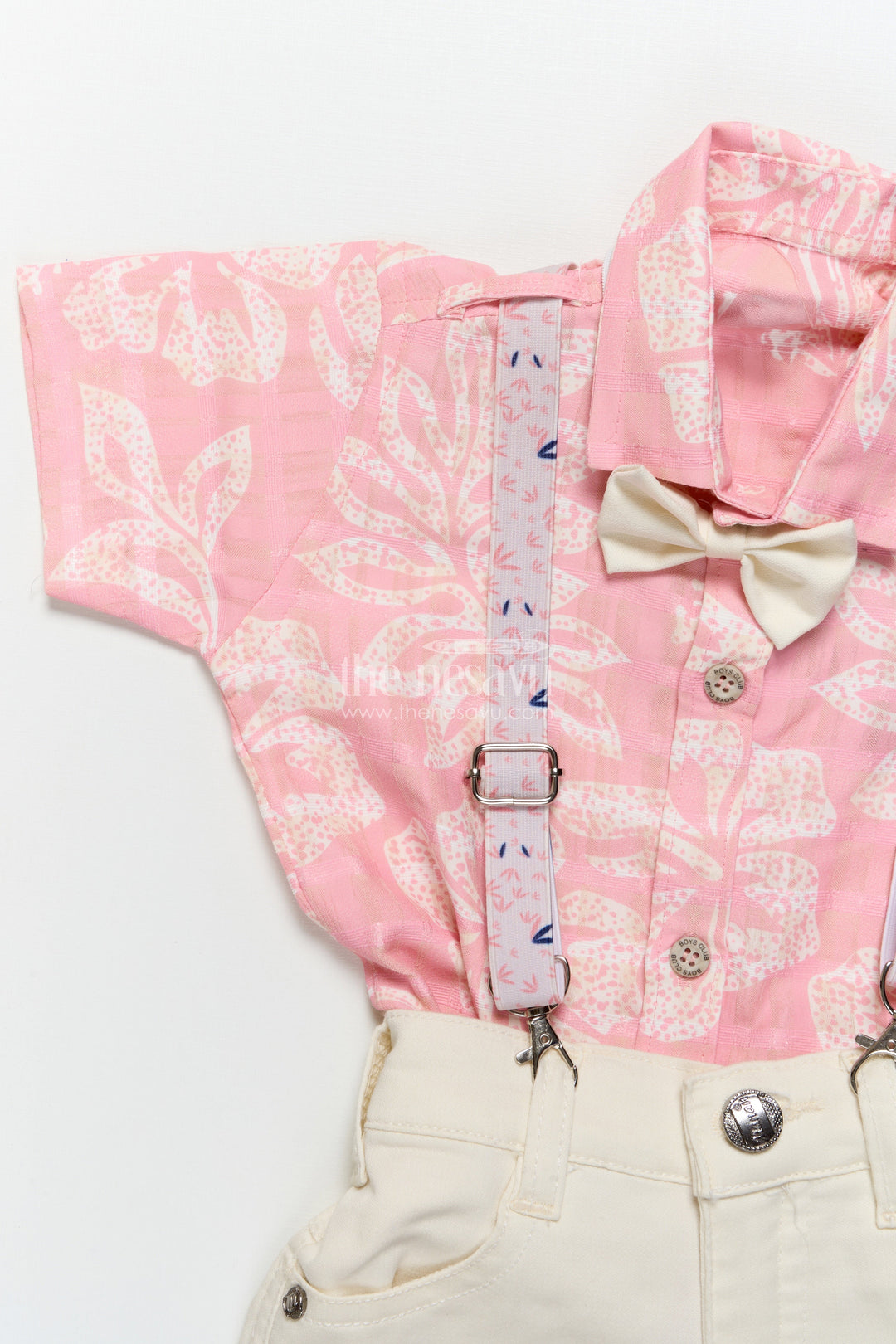 The Nesavu Boys Casual Set Boys Printed Suspender Set for Birthday Parties and Festive Functions Nesavu Nesavu boys digital print suspender outfit bow tie festive birthdays photo shoots