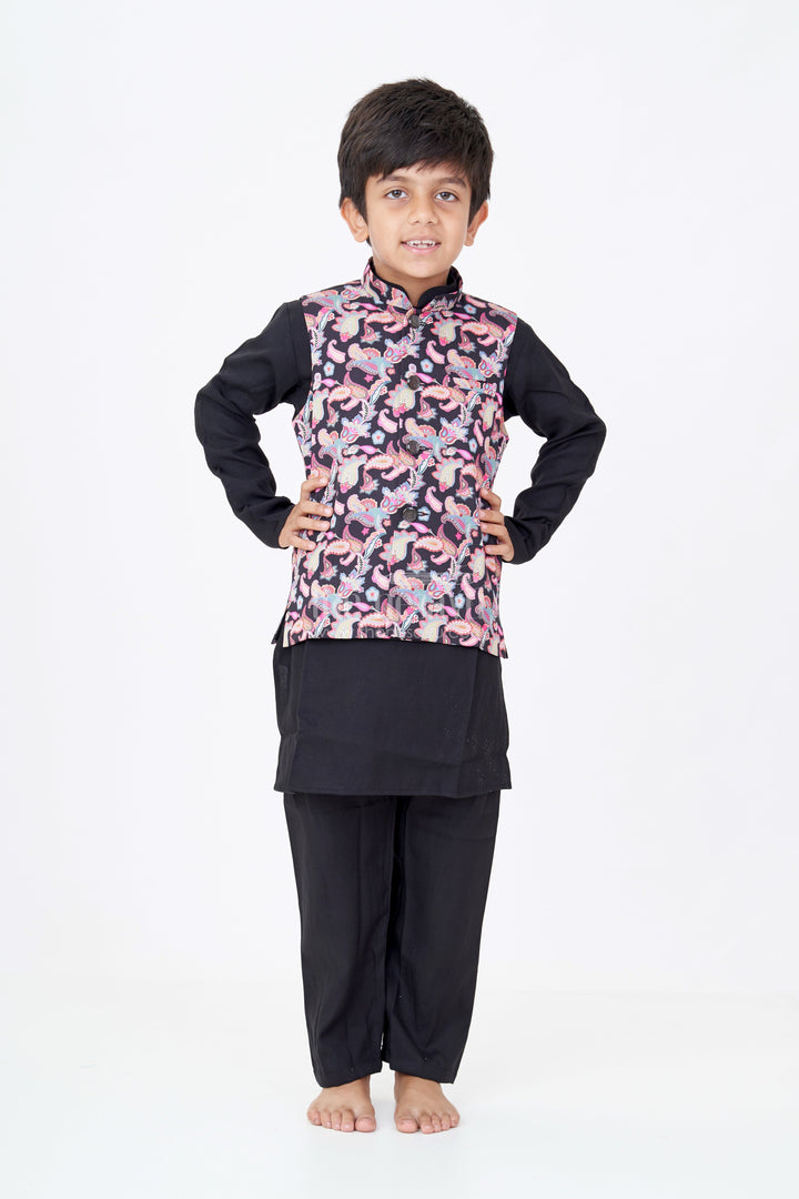 The Nesavu Boys Kurtha Set Boys Pure Black Kurta Set with Silk Blend Fabric and Vibrant Digital Printed Nehru Jacket Nesavu Boys Pure Black Kurta Set Paisley Digital Print Jacket Silk Blend | The Nesavu