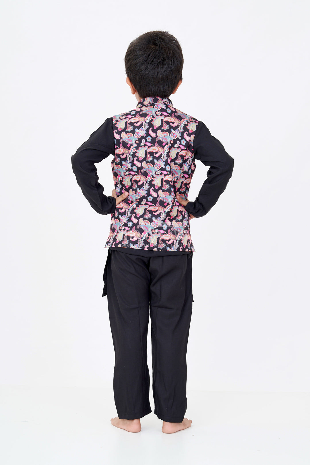The Nesavu Boys Kurtha Set Boys Pure Black Kurta Set with Silk Blend Fabric and Vibrant Digital Printed Nehru Jacket Nesavu Nesavu Boys Pure Black Kurta Set Paisley Digital Print Jacket Silk Blend