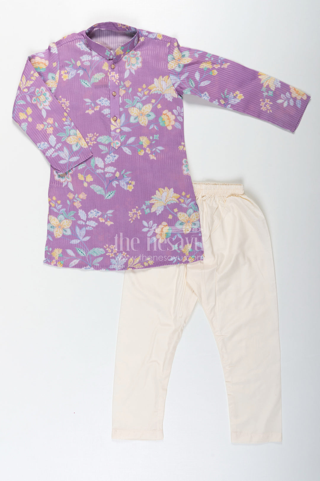 The Nesavu Boys Kurtha Set Boys Purple Kurta Pajama in Cotton Blend with Floral Digital Print and Cream Bottom Nesavu 20 (3Y) / Purple BES683A-20 Boys Purple Kurta Pajama Set Floral Digital Print Cream Contrast Pants | The Nesavu